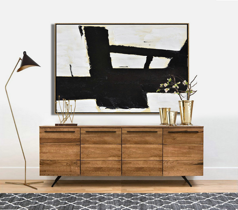 Acrylic Painting Wall Art,Horizontal Palette Knife Minimal Canvas Art Painting Black White Beige - Big Painting